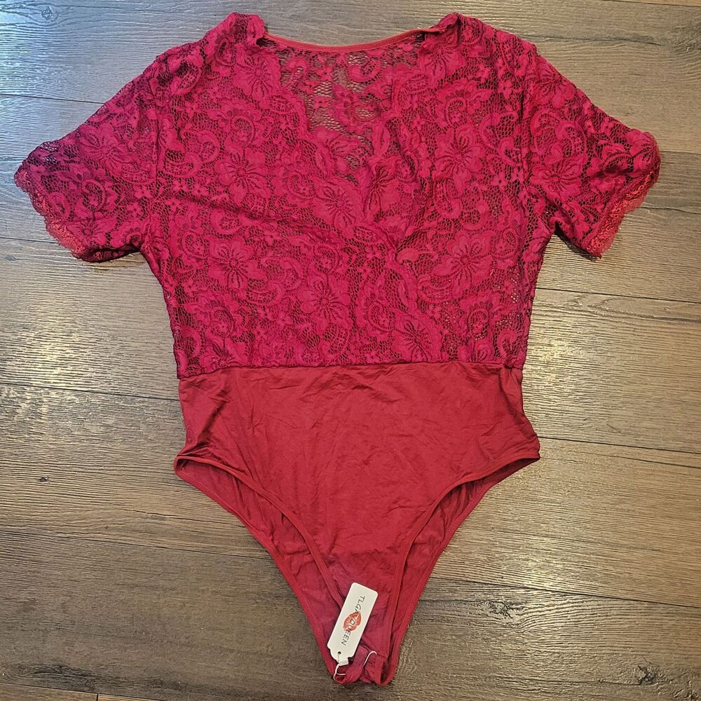 Short Sleeve Top Bodysuit Large Floral Mesh Lace Teddy Jumpsuit Red Valentines